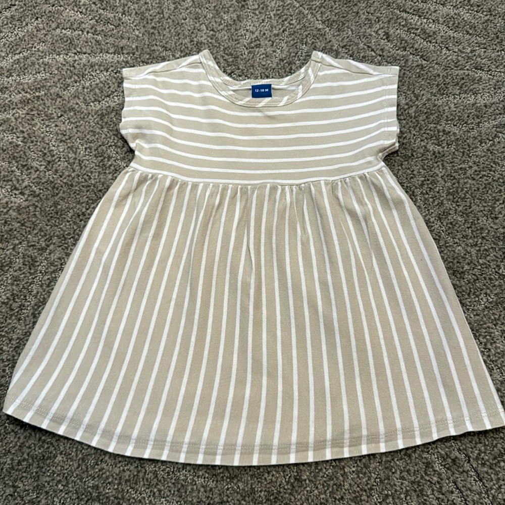 Old Navy,12-18M, everyday comfy dress in cream & white stripe fabric
